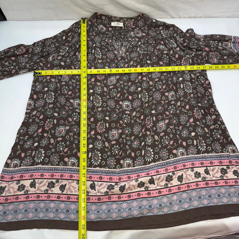 Natural Life Floral Paisley Boho Mini Dress Womens Large Brown Rayon Tie Neck - Picture 7 of 10